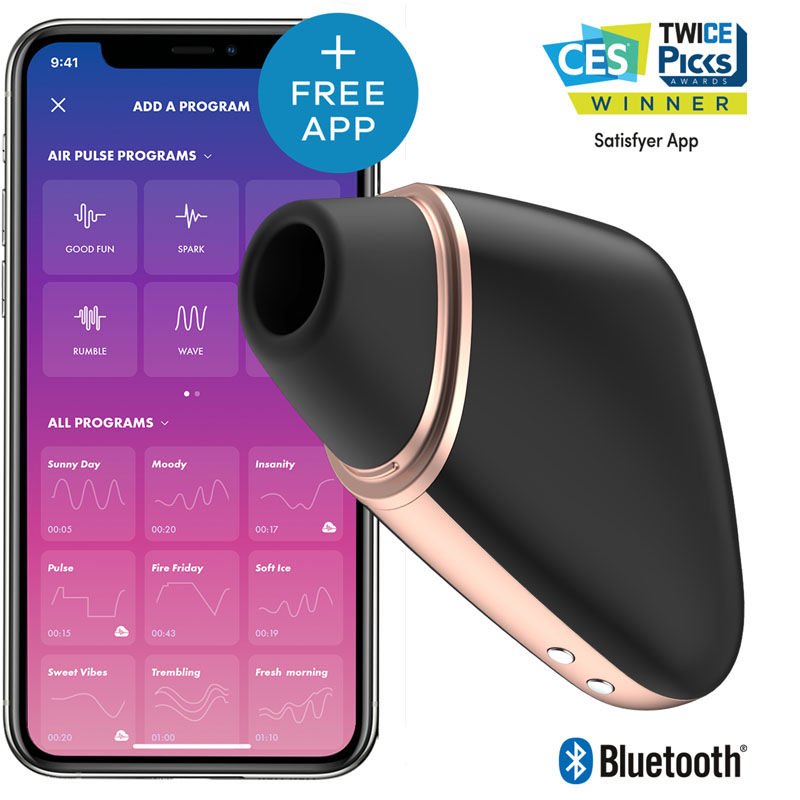 Satisfyer - love triangle - controlled clitoral suction stimulator - Black, Product side view, with app  | Flirtybay.com.au